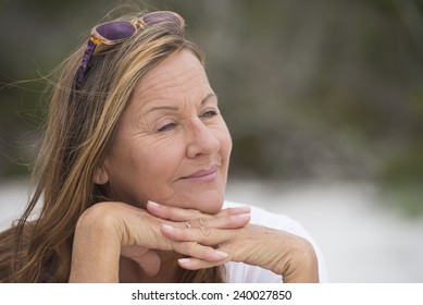 Portrait Happy Attractive Mature Woman Sitting Stock Photo 240027850