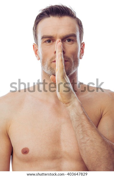 Portrait Happy Handsome Naked Man Looking Stock Photo