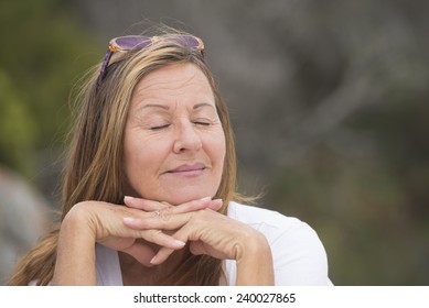 Portrait Happy Attractive Mature Woman Sitting Stock Photo 240027874