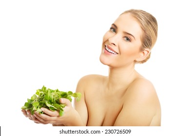 Portrait Happy Nude Woman Holding Lettuce Stock Photo Edit Now