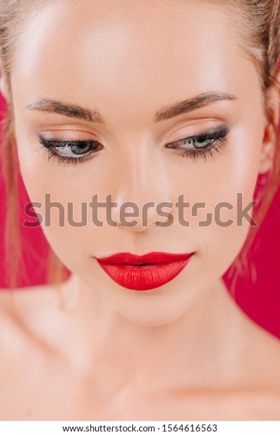 Portrait Naked Beautiful Woman Red Lips Stock Photo 1564616563