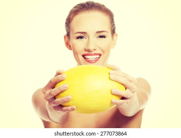 Portrait Nude Woman Holding Yellow Mango Stock Photo 277073864