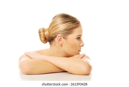 Portrait Nude Woman Sitting Desk Folded Stock Photo 261393428