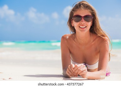 Portrait Pretty Woman Bikini Relaxing Tropical Stock Photo