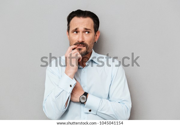 Portrait Scared Mature Man Dressed Shirt Stock Photo