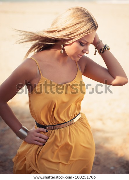 Portrait Sexual Blonde Gold Dress Fashion Stock Photo 180251786