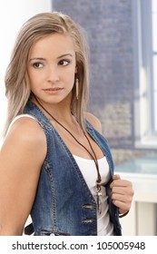 Portrait Sexy Blonde Woman Denim Vest Stock Photo 105005948 Shutterstock