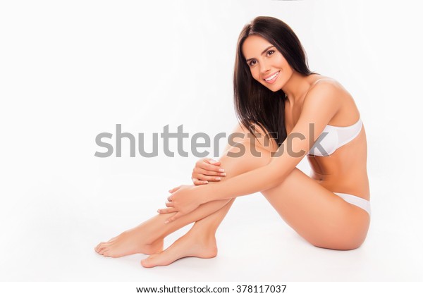 Portrait Sexy Brunette White Underwear Sitting Stock Photo