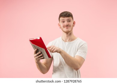 Portrait Smiling Man Pointing Laptop Blank Stock Photo 1287928765