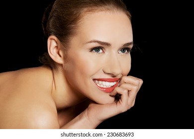 Portrait Smiling Nude Woman On Dark Stock Photo 230683693 Shutterstock