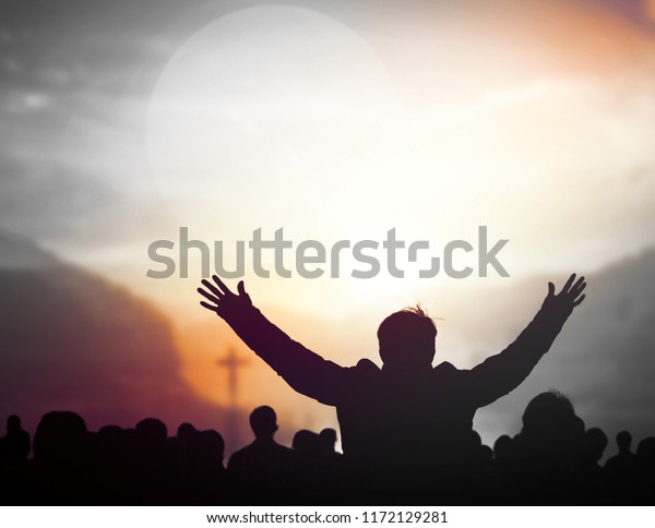 Praise Worship Conceptsilhouette Christian Prayers Raising Stock Photo