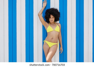 Pretty Afro American Girl Yellow Bikini Stock Photo