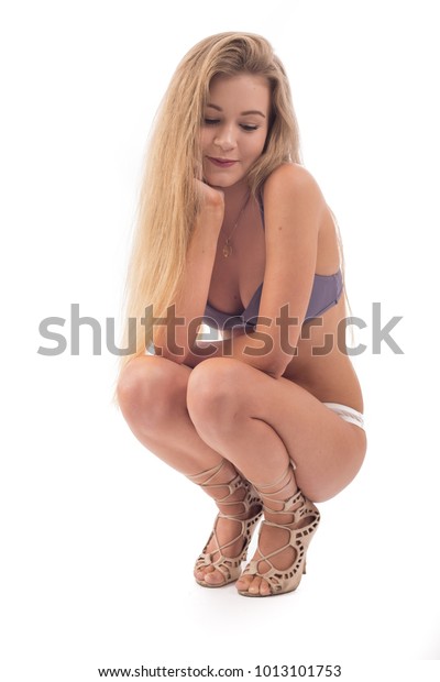 Pretty Girl Her Bikini Squatting Playing Stock Photo