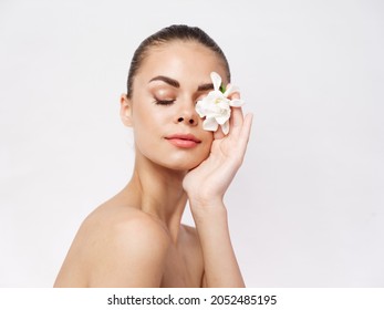 Pretty Woman Naked Shoulders Closed Eyes Stock Photo