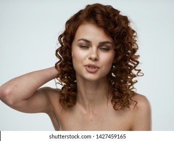 Pretty Woman Naked Shoulders Curly Hair Stock Photo