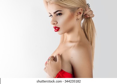 Profile Portrait Sexual Blonde Woman Studio Stock Photo