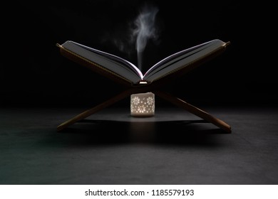 Quran Mosque Open Prayers Black Background Stock Photo