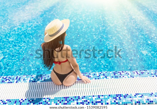 Rear View Sexy Woman Bikini Sitting Stock Photo Edit Now