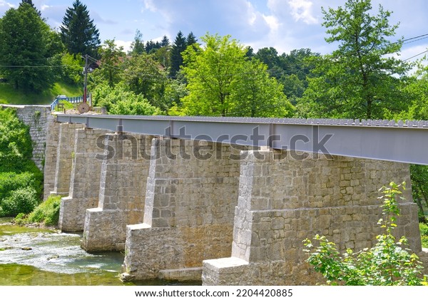 Renovation Metall Pedestrian Bridge Over River Stock Photo 2204420885