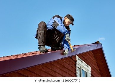 Restoring Roof After Hurricane Roofer Fixes Stock Photo