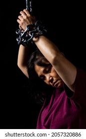 Restrained Tortured Woman Chains On Her Stock Photo 2057320886