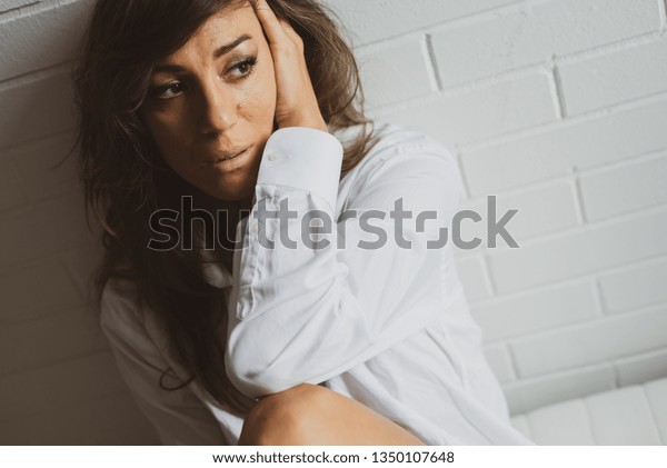 Sad Depressed Caucasian Lady Semi Nude Stock Photo 1350107648