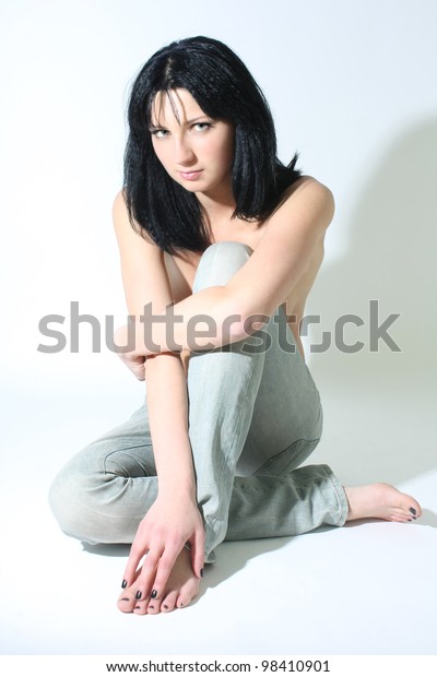 Sad Nude Woman Jeans Sitting Stock Photo 98410901 Shutterstock