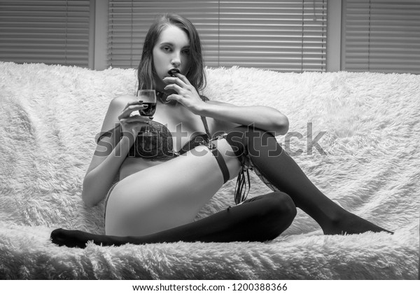 Sensual Aroused Woman Lingerie Sitting On Stock Photo 1200388366