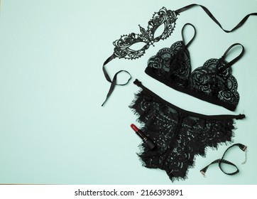 Set Black Sexy Lace Lingerie Accessories Stock Photo