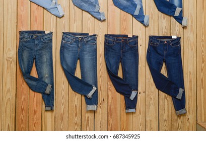 Set Different Blue Jeans Wooden Board Stock Photo 687345925 Shutterstock