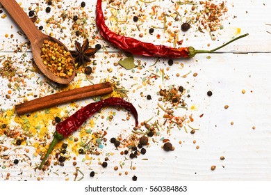 Set Various Aromatic Spices Spoon Cinnamon Stock Photo