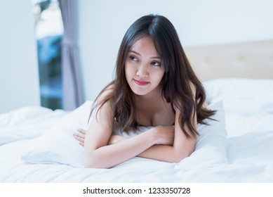 Sexy Asian Woman Purple Lingerie Lying Stock Photo 1233350728