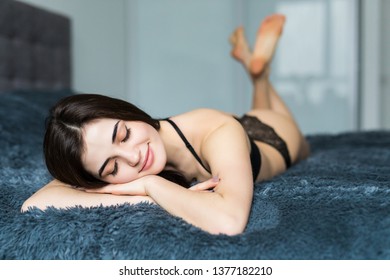 Sexy Beautiful Brunette Woman Lying Bed Stock Photo 1377182210