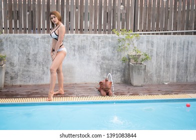 Sexy Beautiful Women Wearing White Bikini Foto Stok