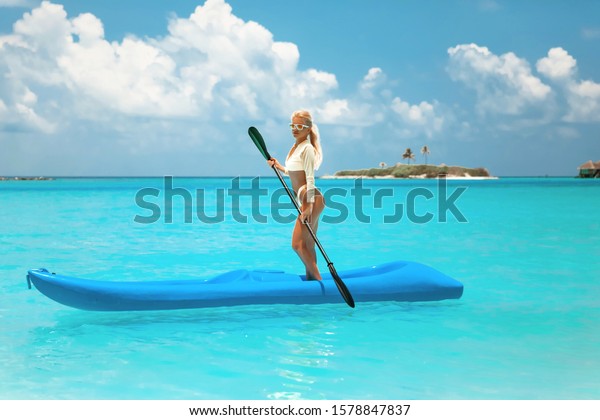 Sexy Blond Bikini Fit Model Paddling Stock Photo Shutterstock