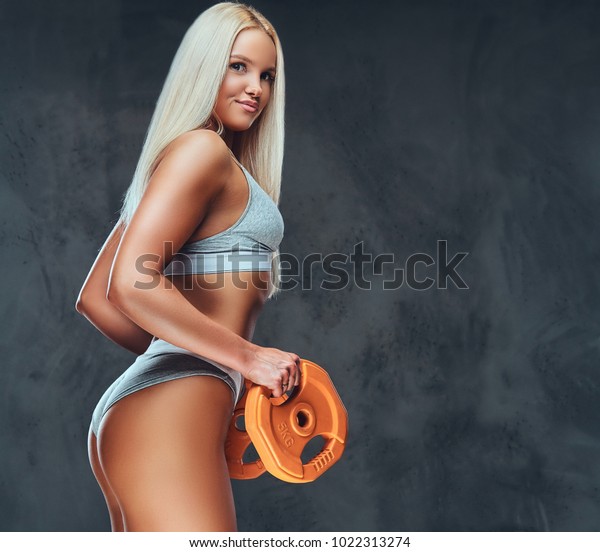 Sexy Blonde Fitness Model Posing Barbell Stock Photo 1022313274