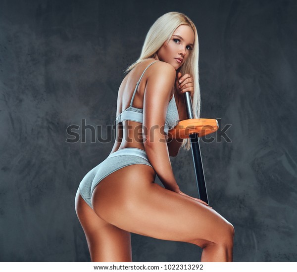 Sexy Blonde Fitness Model Posing Barbell Stock Photo 1022313292