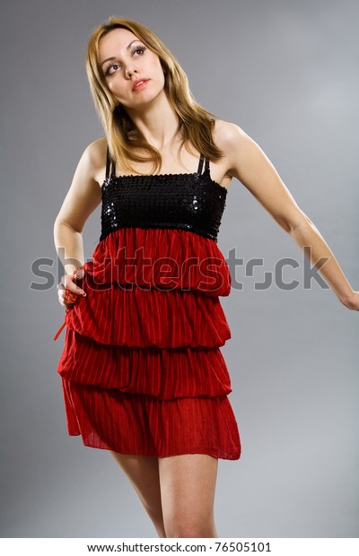 Sexy Blonde Red Dress Posing Studio Stock Photo 76505101 Shutterstock