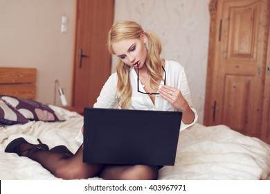 Sexy Blonde Woman Glasses Typing On Stock Photo Edit Now