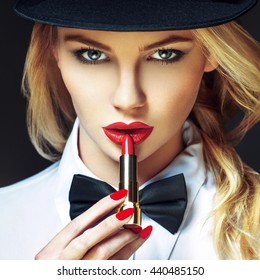 Sexy Blonde Woman Hat Red Lips Stock Photo Shutterstock