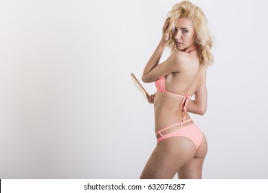 Sexy Blonde Woman Wearing Pink Swimwear Stock Photo 632076287