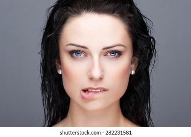 Sexy Brunette Woman Bite Lips Portrait Stock Photo 282231581 Shutterstock