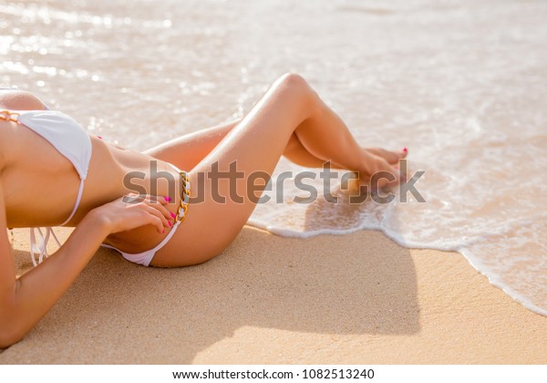 Sexy Female White Bikini Sunbathing On Stock Photo 1082513240