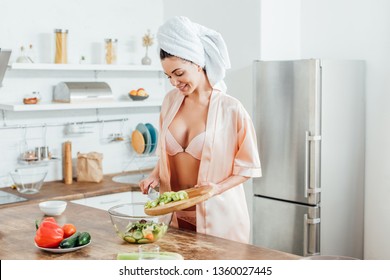 Sexy Girl Lingerie Housecoat Cooking Salad Stock Photo