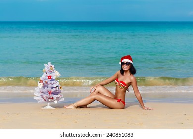 Sexy Girl Santa Bikini On Beach Foto De Stock Shutterstock