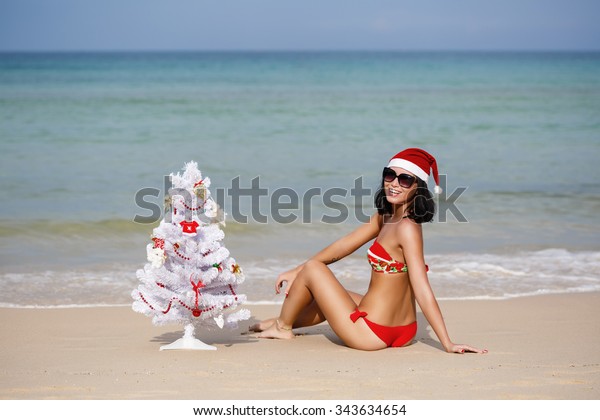 Sexy Girl Santa Bikini On Beach Stock Photo Edit Now