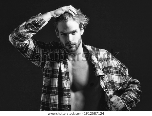 Sexy Man With Unbuttoned Shirt Muscular Shirtless Male Model Showing