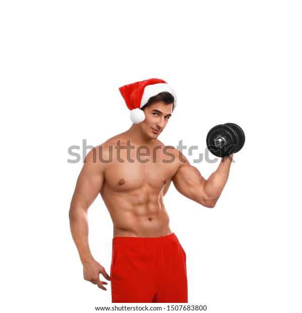 Sexy Shirtless Santa Claus Dumbbell On Stock Photo