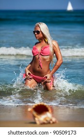 Sexy Tanned Blonde Pink Bikini Kneeling Stock Photo Shutterstock