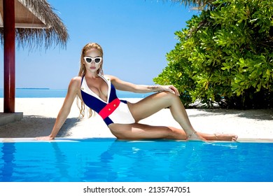 Sexy Woman Bikini Maldives Tropical Sand Stock Photo 2135747051